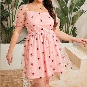 Pink Puff Sleeve Dress with Floral Rose Embroidery